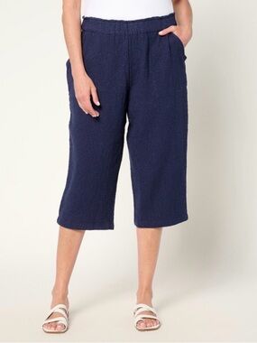 Denim & Co. Beach Regular Cotton Gauze Capri Pant Stitch Detail Size XL Navy